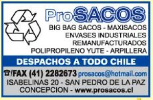 PROSACOS E.I.R.L. EDUARDO ALARCON ANTIPAS www.prosacos.cl Anuncios gratis en San Pedro de la Paz |  RECICLADO BIGBAG SACO MAXISACO ENVASE REMANUFACTURADO CHILE SACO ESPECIALES, EN POLIPROPILENO YUTE ARPILLERA ENVASES INDUSTRIALES REMANUFACTURADOS