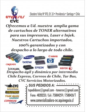 Comercializadora  Cvc Anuncios gratis en Providencia |  Vendo Toner Alternativos , Insumos de Impresion, Articulos para Oficinas, articulos de Aseo, Articulos para Escritorios , Insumos para la Impresion 
