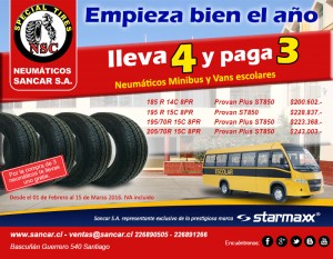 Sancar S.A. Anuncios gratis en Concepci&oacute;n |  Lleva 4 y paga 3 en neum&aacute;ticos para furgones starmaxx, Neum&aacute;ticos furg&oacute;n escolar, oferta febrero - marzo 2016